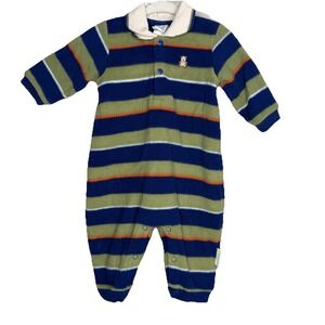 Little Me 6M Long Sleeve‎ Polo Romper Jumpsuit Green Blue Striped Cotton Bear